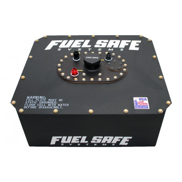 Fuel Cell and Can - Race Safe - 8 gal - 20.75 x 16 x 7.75 in Tall - 6 AN Male Outlet / Return - 8 AN Male Vent - Foam - Steel - Black Powder Coat - Each