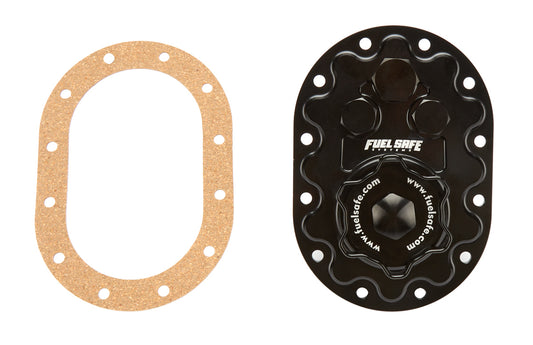 Fuel Cell Filler Plate - Top Fill - Threaded Cap - 12-Bolt Flange - Rollover Valve - Gasket - Aluminum - Black Anodized - Kit