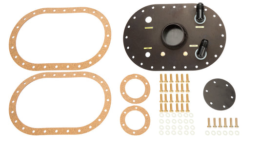 Fuel Cell Filler Plate - 6 x 10 in Oval 12-Bolt Flange - Gaskets / Hardware / Pickup / Side Block Off Plate Included - Aluminum - Black Anodized - 28 Gallon Fuel Cell - Each