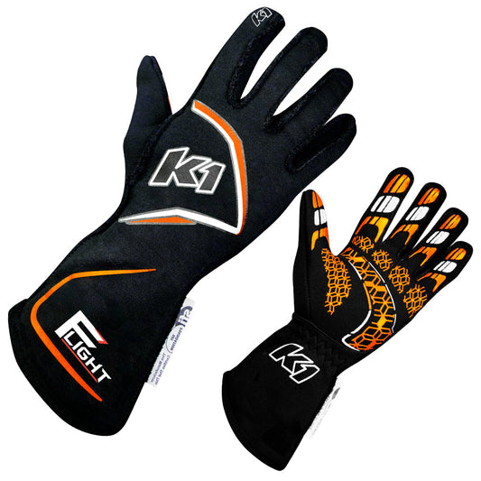 K1 Flight Adult Nomex® Auto Racing Gloves SFI 3.3/5 - Black, Flo Orange - Small