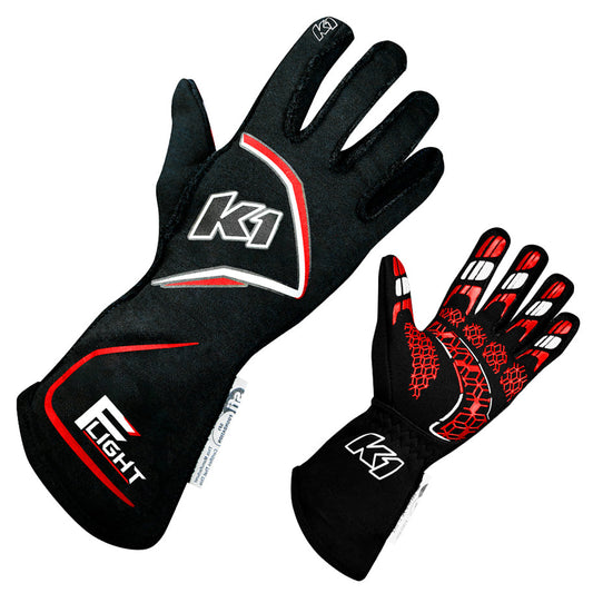 K1 Flight Adult Nomex® Auto Racing Gloves SFI 3.3/5 - Black, Red - Small