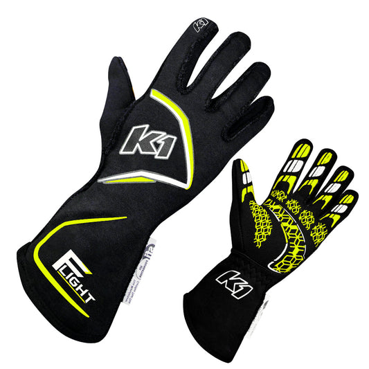 K1 Flight Adult Nomex® Auto Racing Gloves SFI 3.3/5 - Black, Flo Yellow - Small