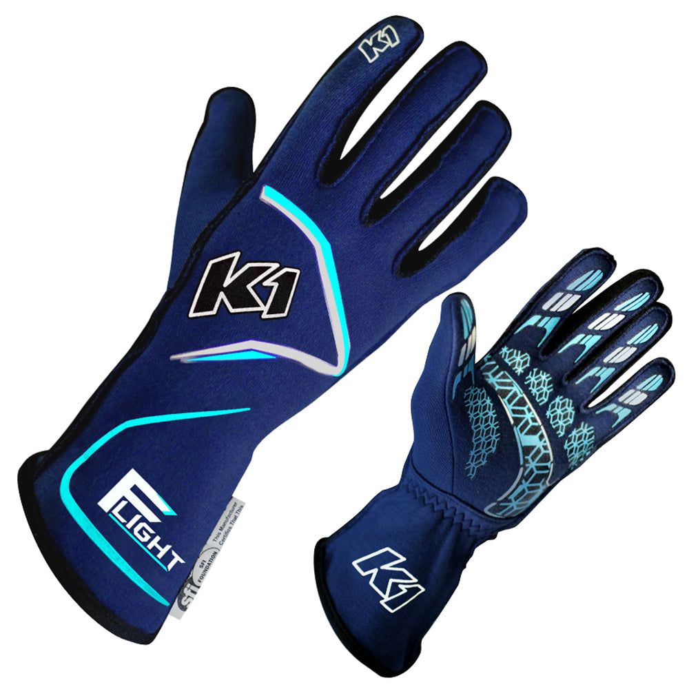 K1 Flight Adult Nomex® Auto Racing Gloves SFI 3.3/5 - Blue, Flo Blue - Small