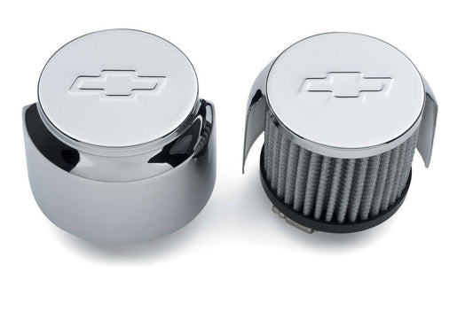 Breather - Clamp-On - Round - 1-3/8 in OD Tube - Filtered - Half Shielded - Chevy Bowtie Logo - Steel - Chrome - Pair