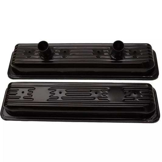 Valve Cover - Circle Track - Stock Height - Breather Tubes - Steel - Black Paint - Center Bolt - Small Block Chevy - Pair