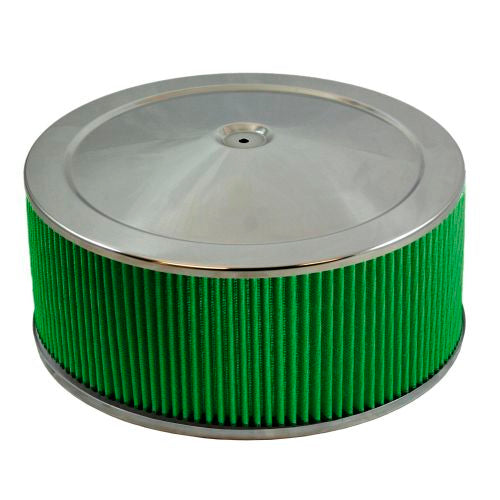 Air Cleaner Assembly - 14 in Round - 7.625 in Tall - 5-1/8 in Carb Flange - Flat Base - Steel - Chrome - Kit