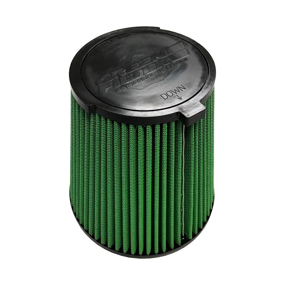 Air Filter Element - Clamp-On - Conical - 7.25 in Base Diameter - 5.15 in Top Diameter - 8.03 in Tall - 5.6 in Flange - Reusable Cotton - Green - Shelby GT500 / Bullitt / Mach 1 - Ford Mustang 2015-22 - Each