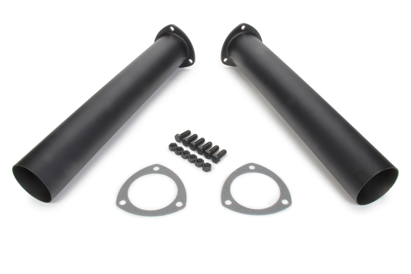 Collector Reducer Extension - 3 in 3-Bolt Inlet to 3 in Outlet - 18 in Long - Gaskets / Hardware Included - Steel - Black Paint - Pair