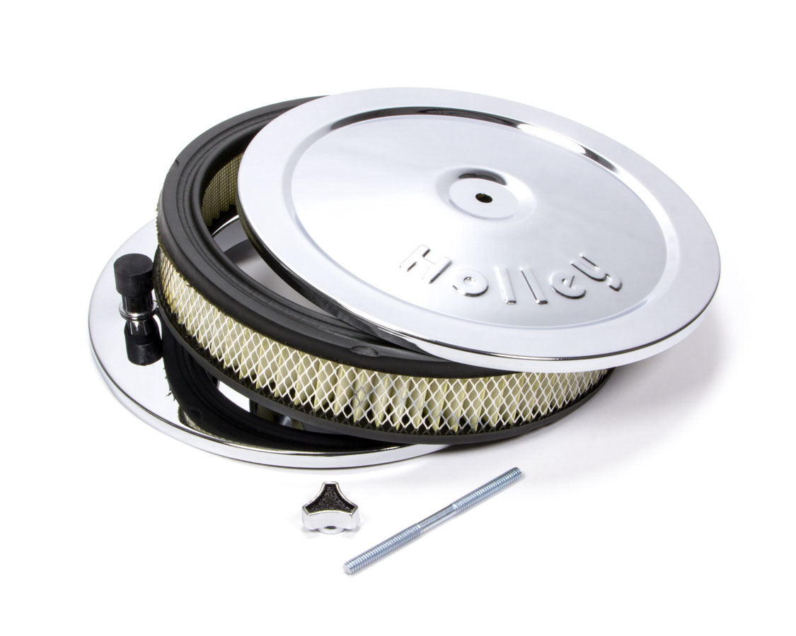 Air Cleaner Assembly - 10 in Round - 3 in Tall - 5-1/8 in Carb Flange - Holley Logo - Steel - Chrome - Kit