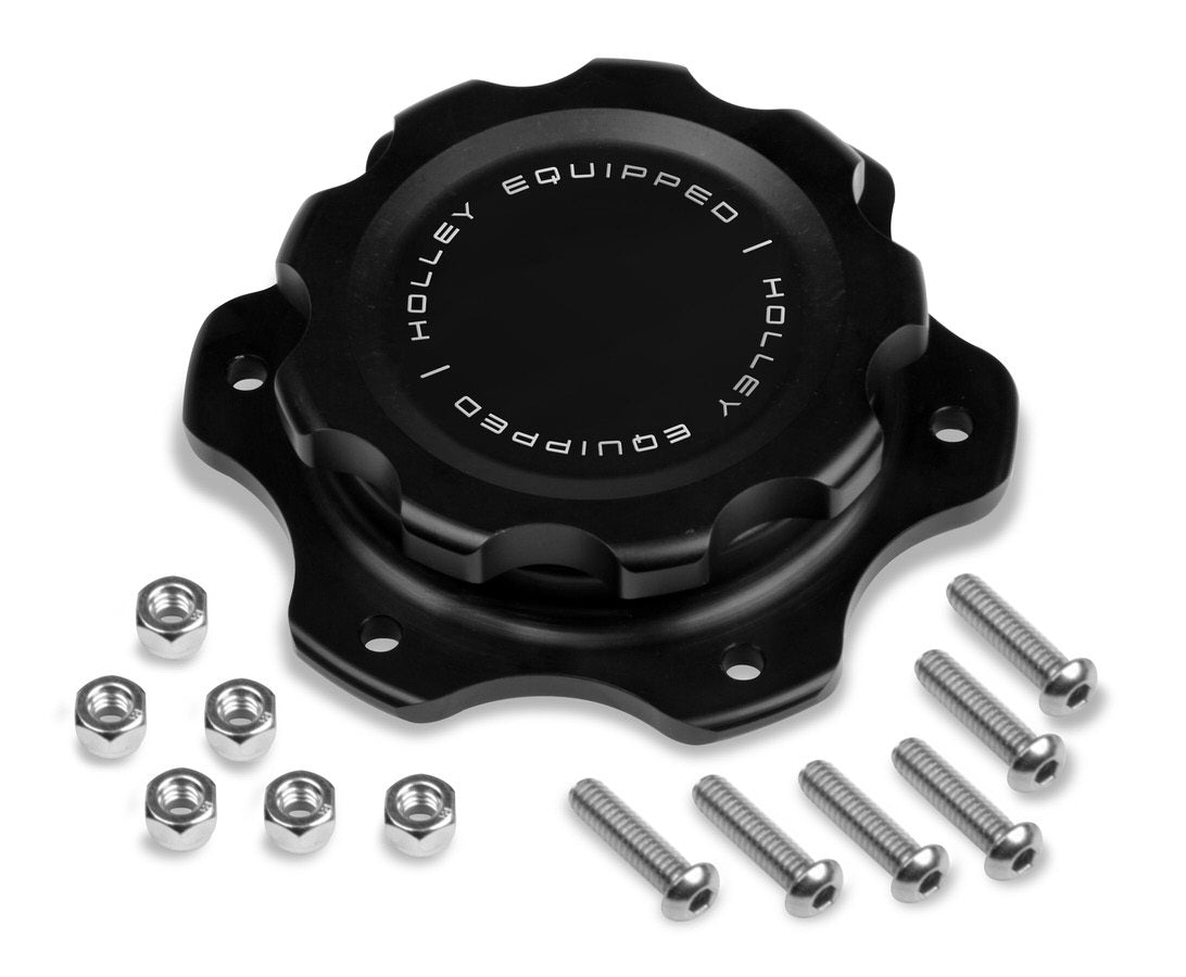 Fuel Cell Filler Cap Assembly - Screw-In - Raised Cell Mount - Hardware Included - 6-Bolt Flange - Aluminum - Black Anodized - Kit