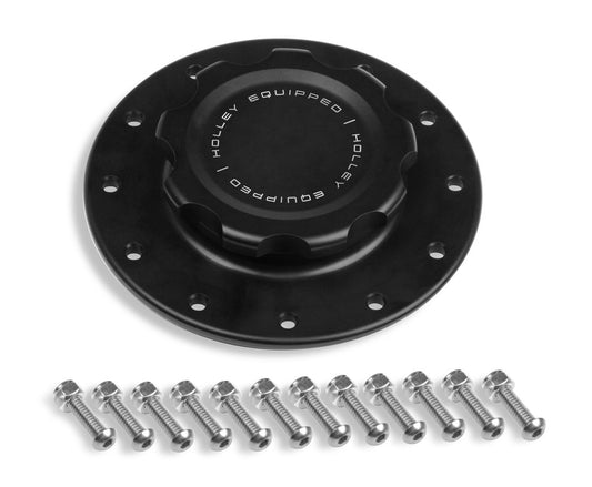 Fuel Cell Filler Cap Assembly - Screw-In - Raised Cell Mount - Hardware Included - 12-Bolt Flange - Aluminum - Black Anodized - Kit