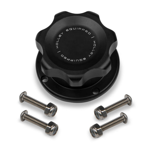 Fuel Cell Filler Cap Assembly - Screw-In - Raised Cell Mount - 1-3/8 in OD - Hardware Included - 4-Bolt Flange - Aluminum / Steel - Black Anodized - Each