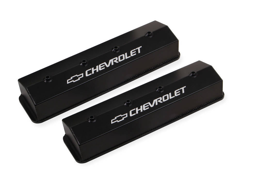 Valve Cover - GM Track Series - Tall - Baffled - Breather Hole - Hardware Included - Chevy Bowtie - Fabricated Aluminum - Black Powder Coat - Small Block Chevy - Pair