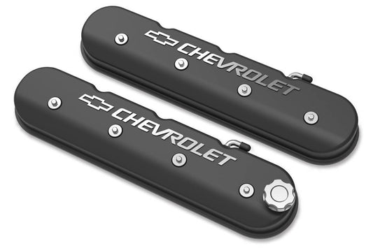 Valve Cover - Tall - Baffled - Chevrolet Logo - Aluminum - Black Machined - GM LS-Series - Pair