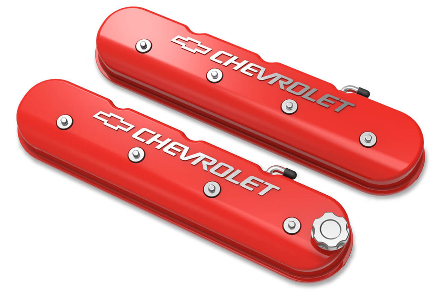 Valve Cover - Tall - Baffled - Chevrolet Logo - Aluminum - Red Machined - GM LS-Series - Pair