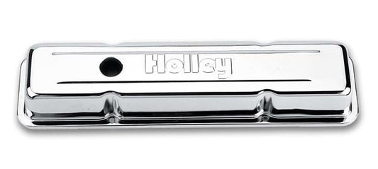 Valve Cover - Custom - Short - Breather Hole - Holley Logo - Steel - Chrome - Small Block Chevy - Pair