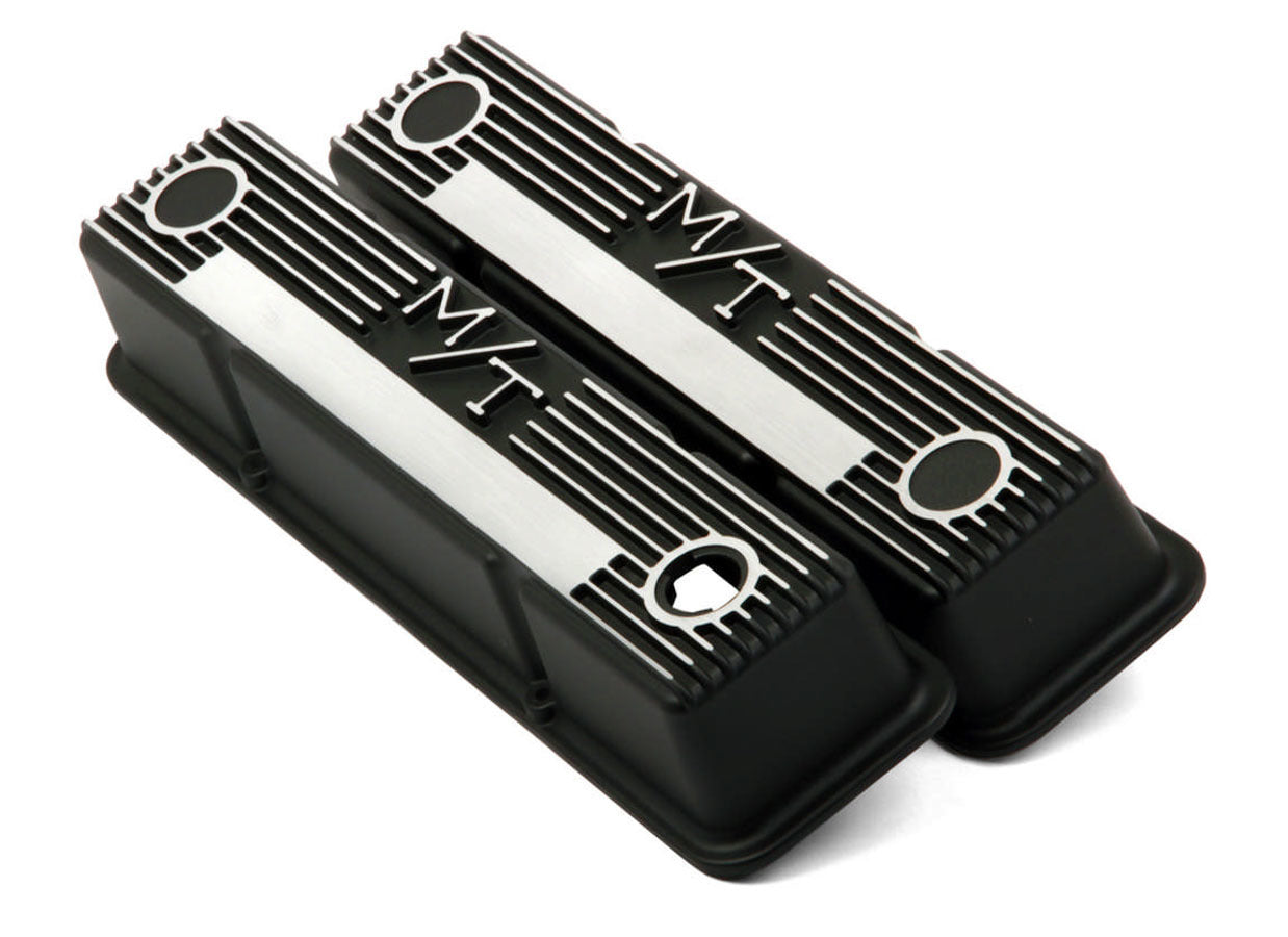 Valve Cover - M/T - Tall - M/T Logo - Aluminum - Black Wrinkle Paint - Small Block Chevy - Pair