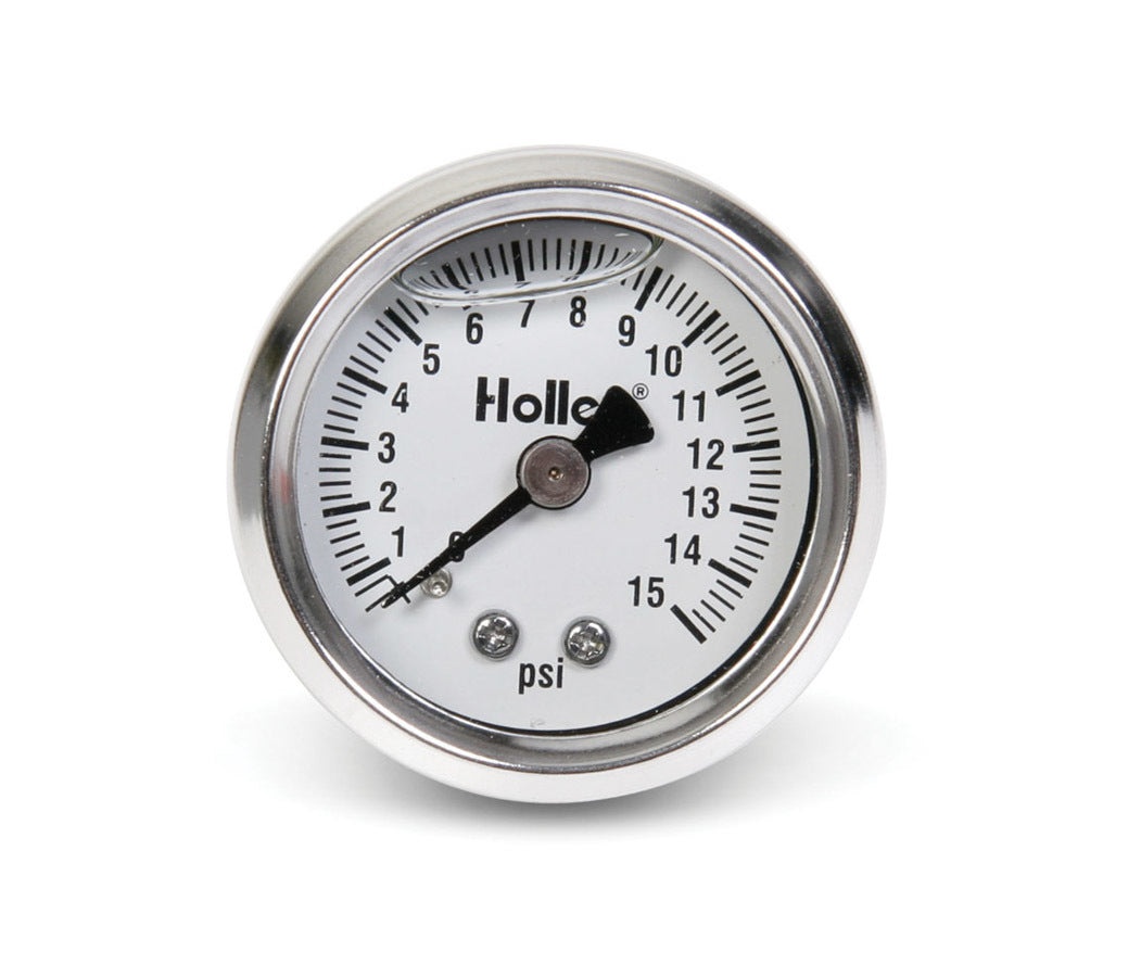 Fuel Pressure Gauge - 0-15 psi - Mechanical - Analog - Full Sweep - 1-1/2 in Diameter - Liquid Filled - 1/8 in NPT Port - White Face - Each