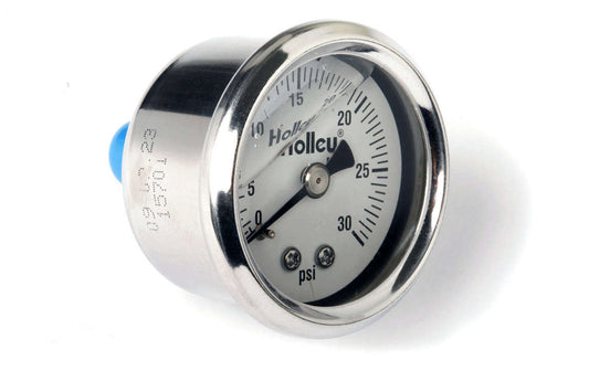 Fuel Pressure Gauge - 0-30 psi - Mechanical - Analog - Full Sweep - 1-1/2 in Diameter - Liquid Filled - 1/8 in NPT Port - White Face - Each