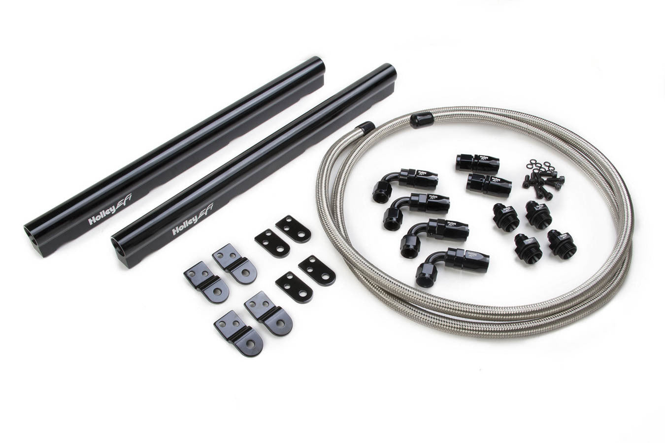 Fuel Rail - Hi-Flow - 8 AN Female O-Ring Inlets - 8 AN Female O-Ring Outlets - Aluminum - Black Anodized - Hardware / Hose Included - Factory Intakes - GM LS-Series - Kit