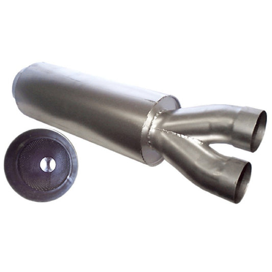 Muffler - Dual 3 in Inlets - 5 in Outlet - 7 in Diameter Body - 21 in Long - Steel - Gray Paint - Each