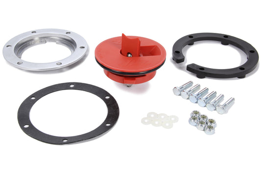 Fuel Cell Filler Cap Assembly - Twist-On - Flat Mount - 6-Bolt Flange / Gasket - Aluminum / Plastic - Natural / Red - Kit