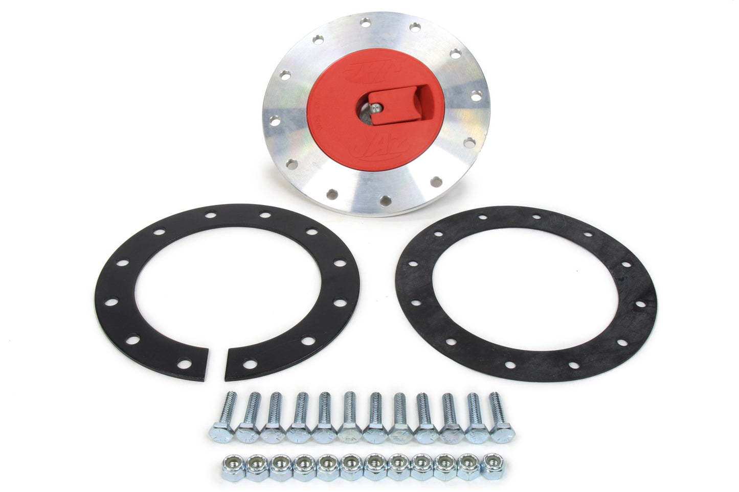 Fuel Cell Filler Cap Assembly - Twist-On - Aircraft Style - Flat Mount - 12-Bolt Flange / Gasket - Aluminum / Plastic - Natural / Red - Kit