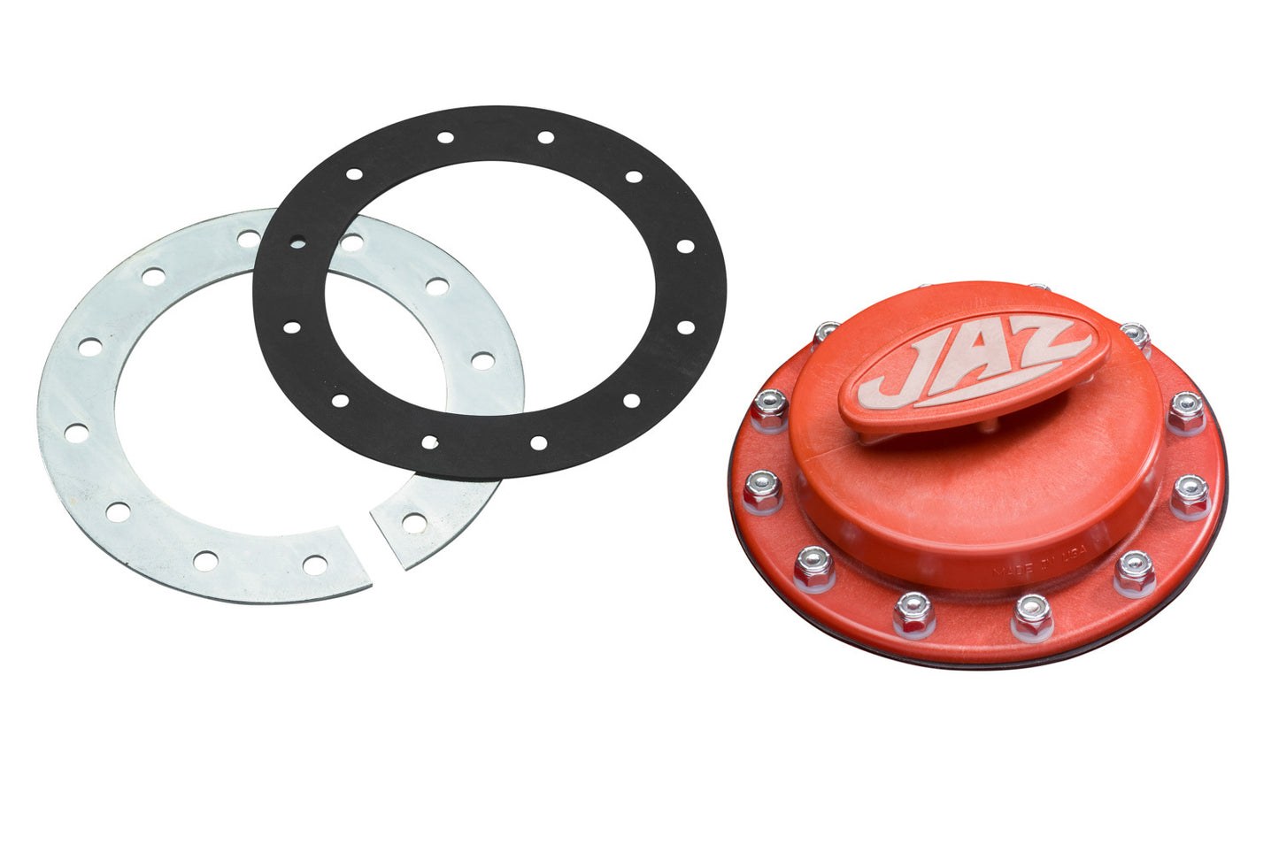 Fuel Cell Filler Cap - Twist Lock - 4 in OD - T-Handle - Flat Mount - 12-Bolt Flange / Gasket - Steel / Plastic - Red / Zinc Oxide - Kit