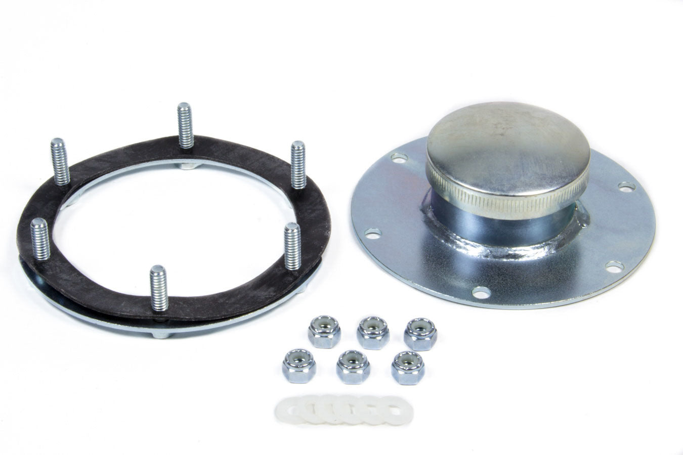 Fuel Cell Filler Plate - Dragster - Vented Twist Lock Cap - Flat Mount - Straight Neck - 6-Bolt Flange - 1-3/4 in Long - Steel - Zinc Oxide - Kit