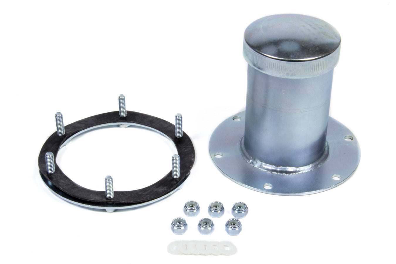 Fuel Cell Filler Plate - Dragster - Vented Twist Lock Cap - Flat Mount - Straight Neck - 6-Bolt Flange - Steel - Zinc Oxide - Kit