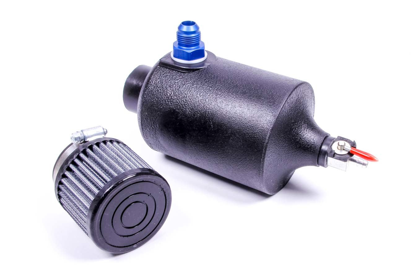Breather Tank - Bolt-On - 4 in Diameter x 12 in Tall - 1 qt - 10 AN Male Inlet - Ball Valve Drain - Breather Included - Plastic - Black - Each