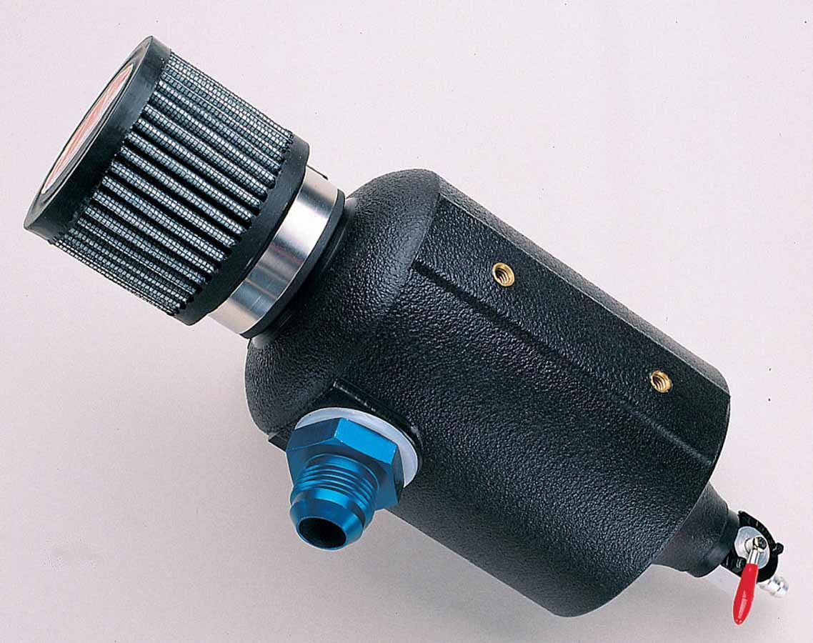 Breather Tank - Bolt-On - 4 in Diameter x 12 in Tall - 1 qt - 12 AN Male Inlet - Ball Valve Drain - Breather Included - Plastic - Black - Each