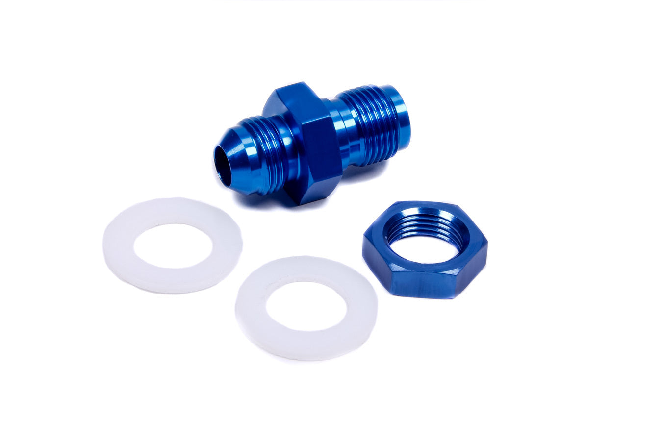 Fitting - Bulkhead - Straight - 8 AN Male to 8 AN Male Bulkhead - PTFE Gaskets Included - Aluminum - Blue Anodized - JAZ Fast Flow Fuel Cells - Each