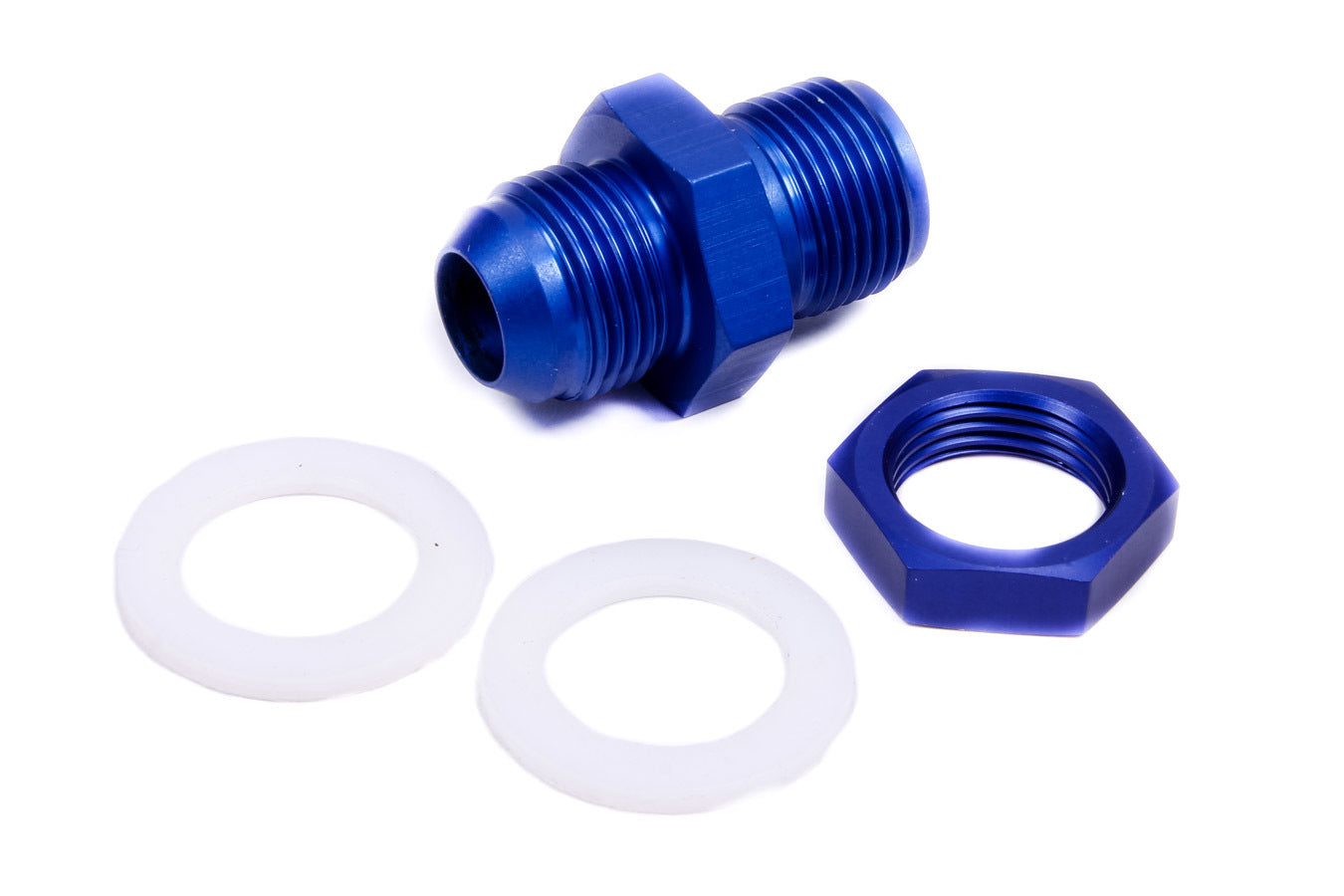 Fitting - Bulkhead - Straight - 12 AN Male to 12 AN Male Bulkhead - PTFE Gaskets Included - Aluminum - Blue Anodized - JAZ Fast Flow Fuel Cells - Each