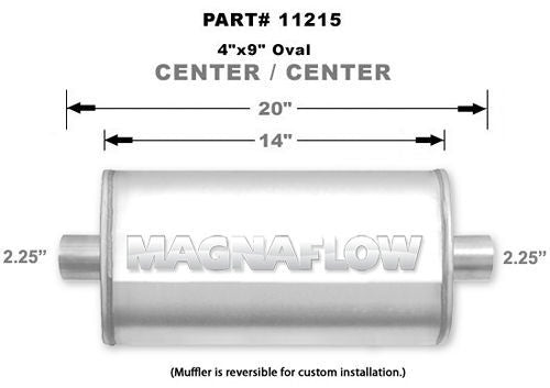 Muffler - 2-1/4 in Center Inlet - 2-1/4 in Center Outlet - 14 x 9 x 4 in Oval Body - 20 in Long - Stainless - Natural - Universal - Each