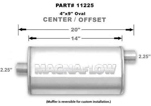 Muffler - 2-1/4 in Offset Inlet - 2-1/4 in Center Outlet - 14 x 9 x 4 in Oval Body - 20 in Long - Stainless - Natural - Universal - Each