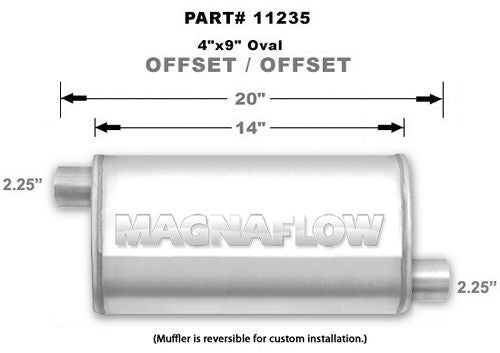 Muffler - 2-1/4 in Offset Inlet - 2-1/4 in Offset Outlet - 14 x 9 x 4 in Oval Body - 20 in Long - Stainless - Natural - Universal - Each