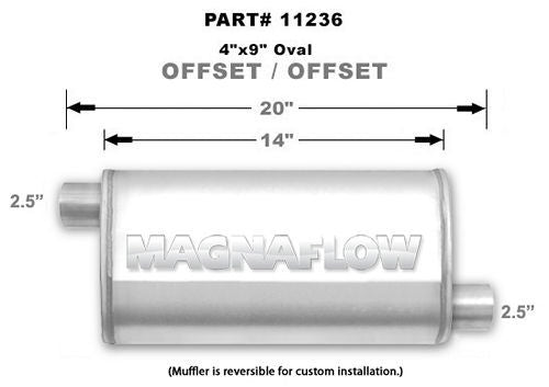 Muffler - 2-1/2 in Offset Inlet - 2-1/2 in Offset Outlet - 14 x 9 x 4 in Oval Body - 20 in Long - Stainless - Natural - Universal - Each