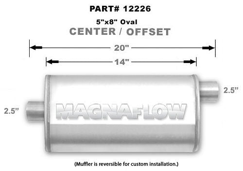 Muffler - 2-1/2 in Center Inlet - 2-1/2 in Offset Outlet - 14 x 8 x 5 in Oval Body - 20 in Long - Stainless - Universal - Each