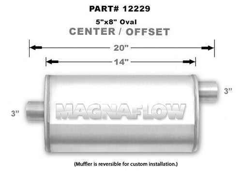 Muffler - 3 in Center Inlet - 3 in Offset Outlet - 14 x 8 x 5 in Oval Body - 20 in Long - Stainless - Natural - Universal - Each