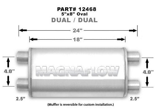 Muffler - Dual 2-1/2 in Inlets - Dual 2-1/2 in Outlets - 18 x 8 x 5 in Oval Body - 24 in Long - Stainless - Natural - Universal - Each