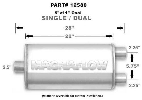 Muffler - 2-1/2 in Center Inlet - Dual 2-1/4 in Outlets - 22 x 11 x 5 in Oval Body - 28 in Long - Stainless - Natural - Universal - Each