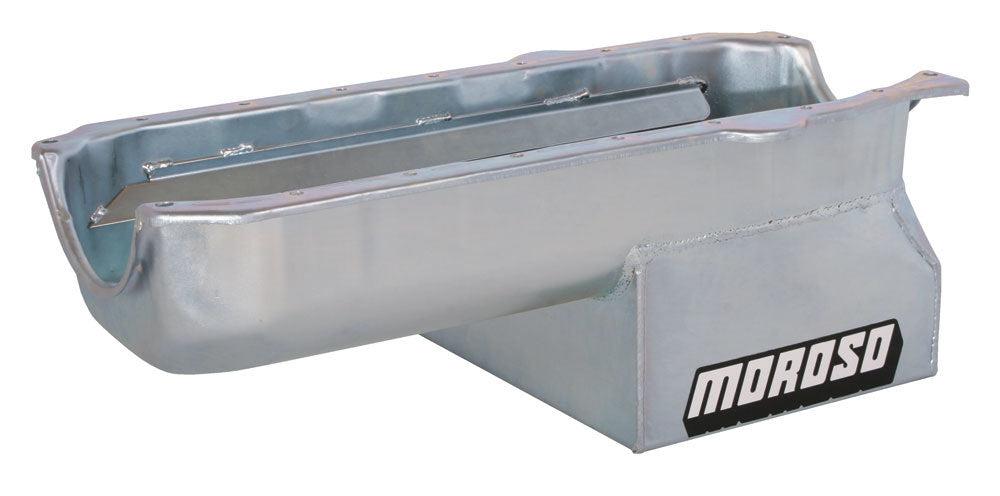 Engine Oil Pan - Oval Track - Rear Sump - 7 qt - 8 in Deep - Trap Door Baffles - Steel - Zinc Oxide - 2-Piece Seal - Small Block Chevy - Each