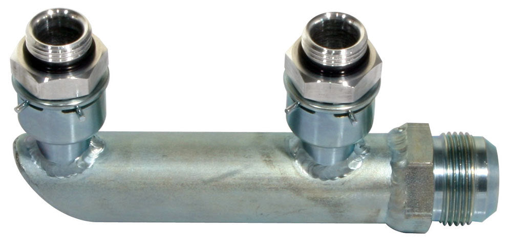 Fitting - Manifold - Two 10 AN Male O-Ring Outlets - One 16 AN Male Inlet - Aluminum - Natural - Each