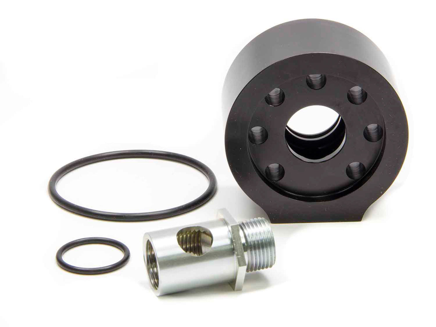 Oil Filter Adapter - Accumulator - Bolt-On - 13/16-16 in Center Thread - 10 AN Female Port - Aluminum - Black Anodized - Chevy V8 - Each