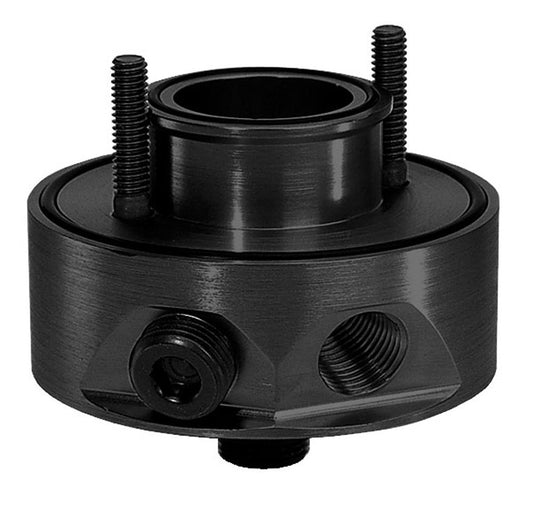 Oil Cooler Adapter - Sandwich - Bolt-On - 1/2 in NPT Female Inlet - 1/2 in NPT Female Outlet - Aluminum - Black Anodized - Chevy V8 - Each