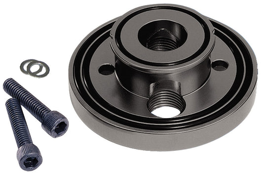 Oil Filter Adapter - Bypass - Bolt-On - 10 AN Female Inlet - 10 AN Female Outlet - Billet Aluminum - Black Anodized - Chevy V8 - Each