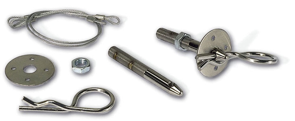 Hood Pin - Oval Track Hood Pin Set - 0.375 in OD x 3 in Long - 1.5 in OD Scuff Plates - Hairpin Clips - Lanyards - Hardware Included - Steel - Chrome - Kit