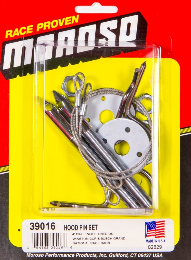 Hood Pin - Oval Track Hood Pin Set - 0.375 in OD x 4 in Long - 1.5 in OD Scuff Plates - Hairpin Clips - Lanyards - Hardware Included - Steel - Chrome - Kit