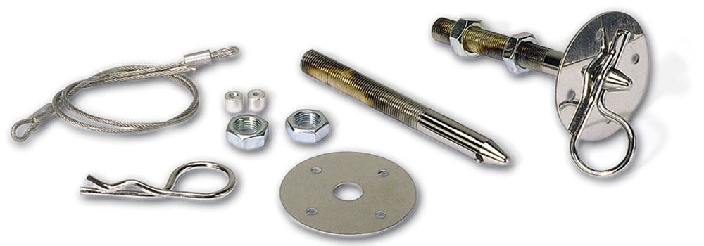 Hood Pin - Heavy Duty - 0.5 in OD x 5 in Long - 2 in OD Scuff Plates - Hairpin Clips - Lanyards - Hardware Included - Steel - Chrome - Kit
